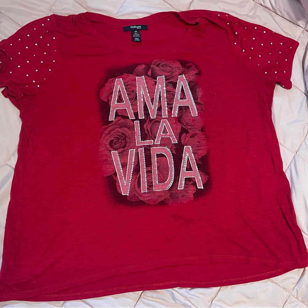 Red Graphic Tee with Polka Dot Sleeves